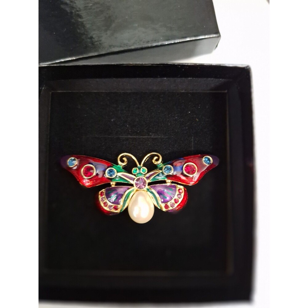Joan Rivers Butterfly Pin Brooch 3" Pearl Enamel Rhinestone Gold Figural Vintage